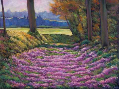 Bluebell Paradise European Italian landscape painting by contemporary landscape artist Johnathan Harris of a bluebell wildflower meadow in Italy.