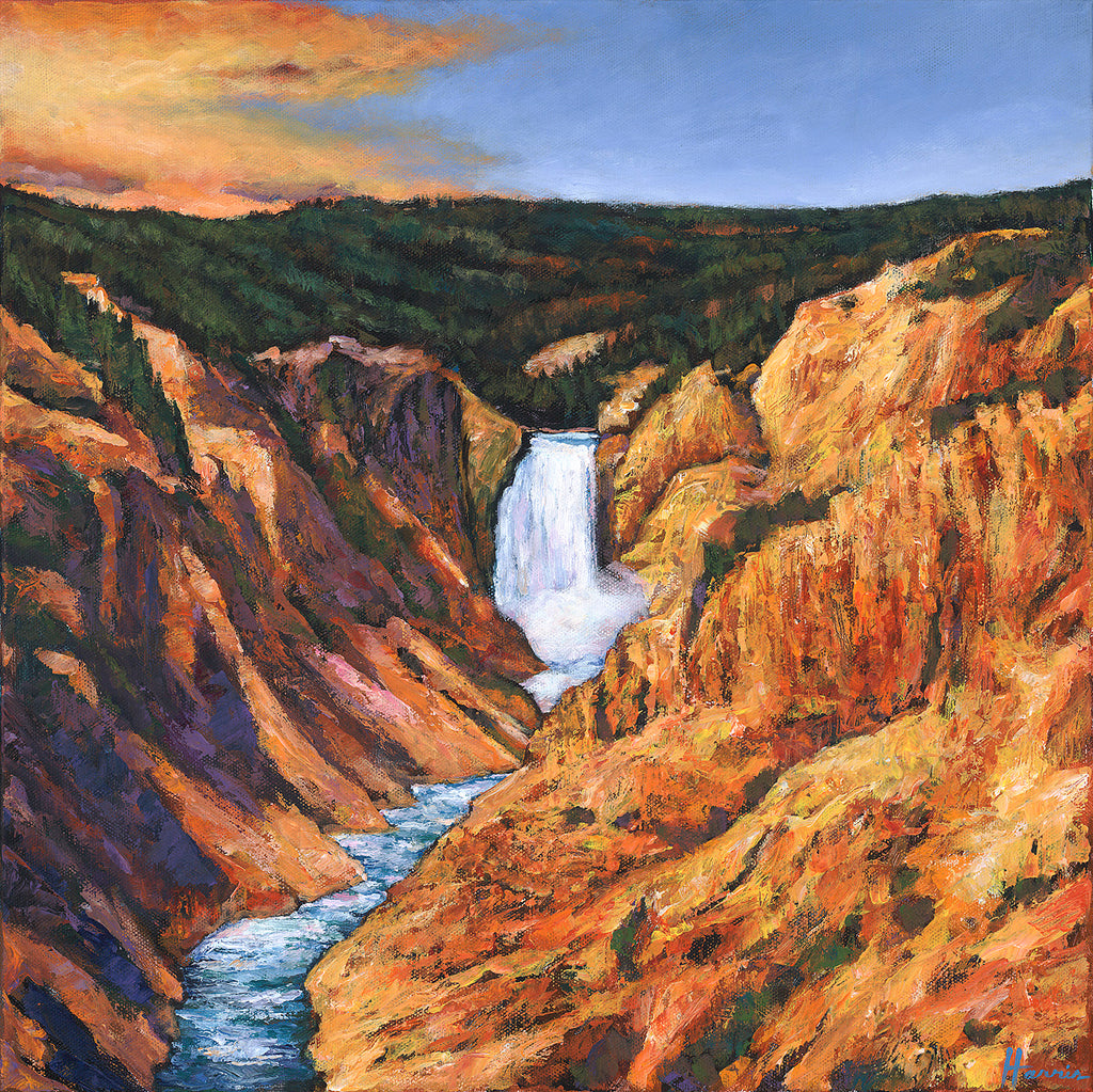 contemporary southwestern landscape painting by artist Johnathan Harris of Yellowstone National Park waterfall