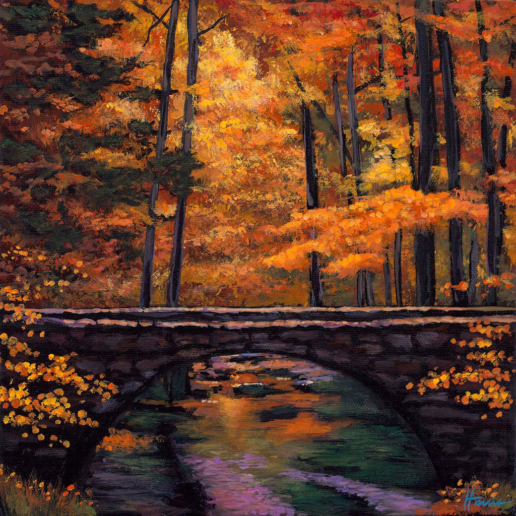 Contemporary Ozark Stream Autumn Bridge over a Stream Landscape Art Johnathan Harris