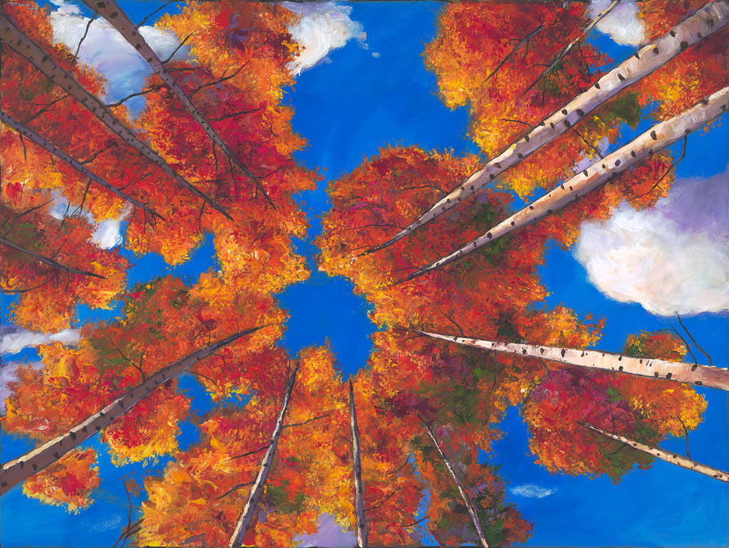 contemporary southwest art painting by artist Johnathan Harris of looking up through aspen trees in the fall in New Mexico