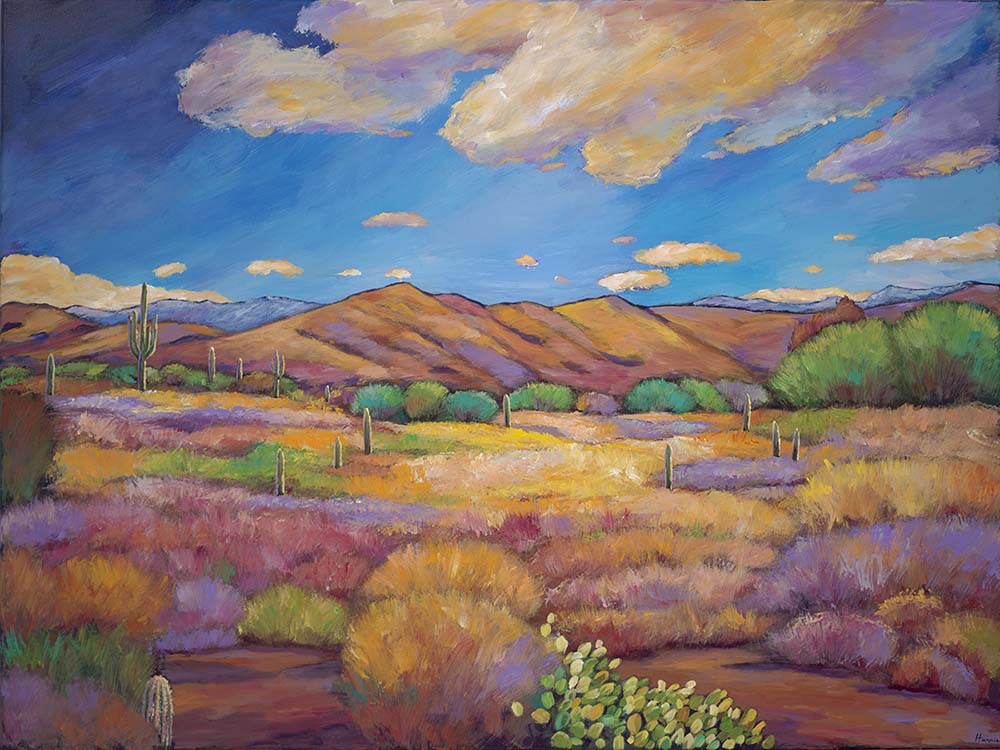 Arizona Desert Saguaro Cactus Landscape Painting by Southwestern Artist Johnathan Harris