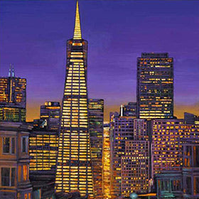 Contemporary urban cityscape landscape paintings and fine art prints by artist Johnathan Harris. San Francisco and the Transatlantic Building.
