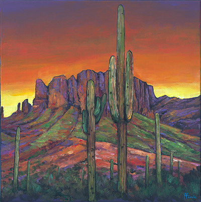 Contemporary southwestern desert artwork of Saguaro cactus and the Superstition Mountains in the Arizona desert by southwestern artist Johnathan Harris.