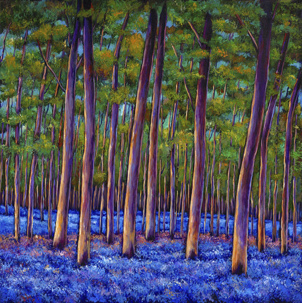 Bluebells wildflower painting by contemporary landscape artist Johnathan Harris of a bluebell forest in the U.K.