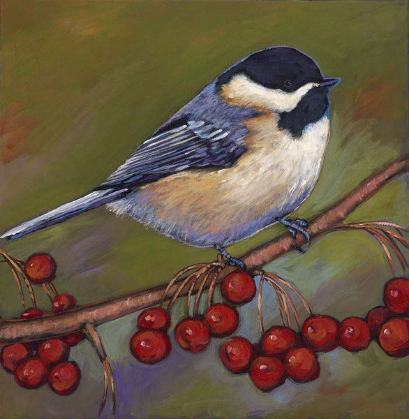 Cherries And Chickadee - Contemporary Wildlife Songbird art by Johnathan Harris