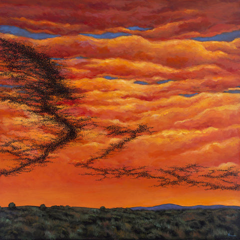 Sunset Murmuration - Contemporary Southwestern Landscape Painting with European Starling Murmuration in the Sky