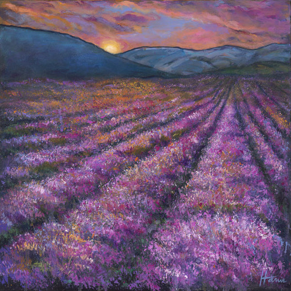 Tuscan Lavender painting with mountains and setting sun by contemporary artist Johnathan Harris